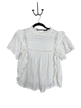 Free People White Ruffle Lace Smocked Babydoll Top